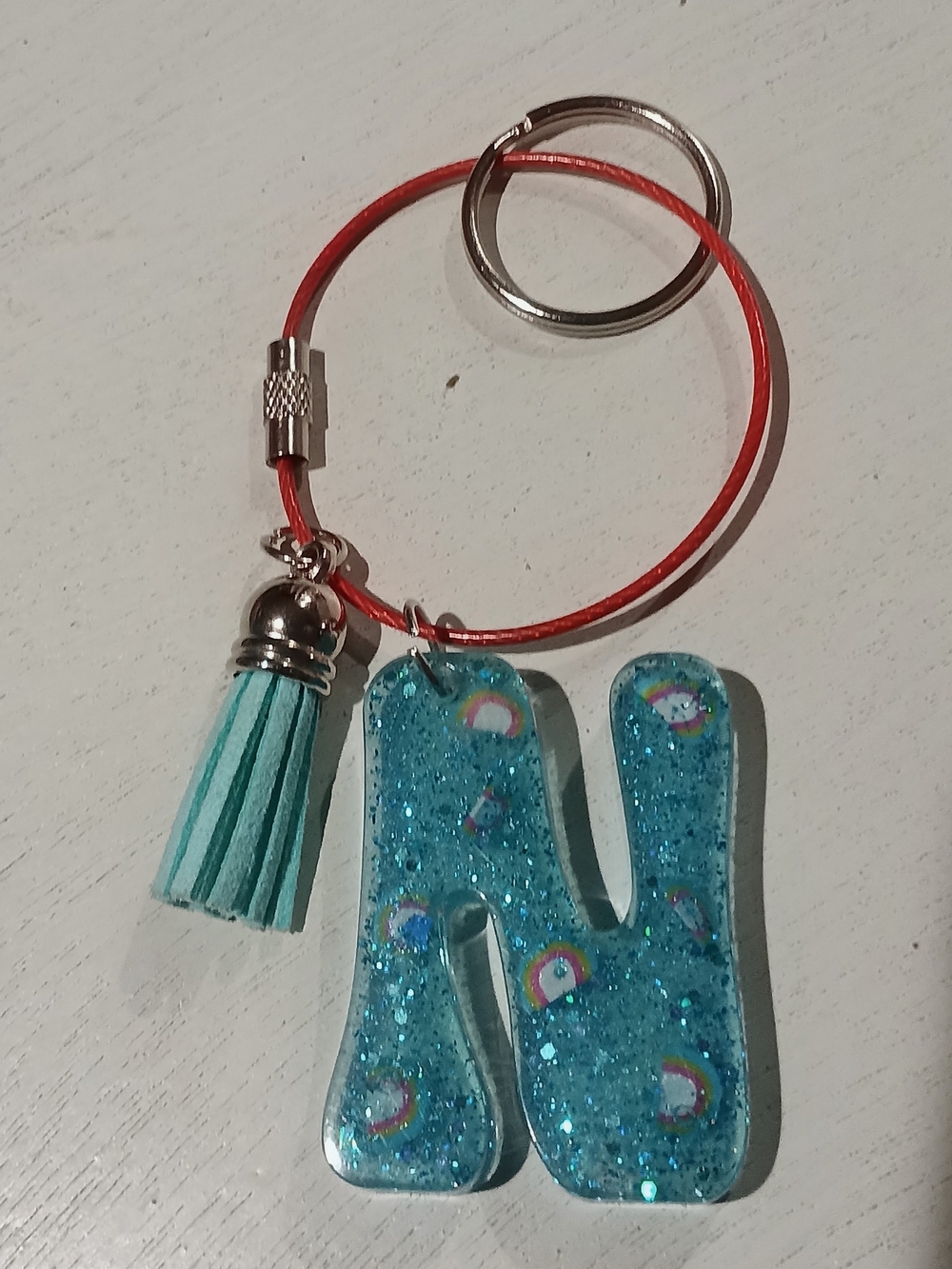 Personalized Turquoise Initial N Keychain with Tassel
